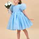 LalaMira Flower Girl Dress Organza Toddler Dresses Puff Sleeve & Bow Bcak Girls Princess Dress for Wedding Birthday Party Blue-12M