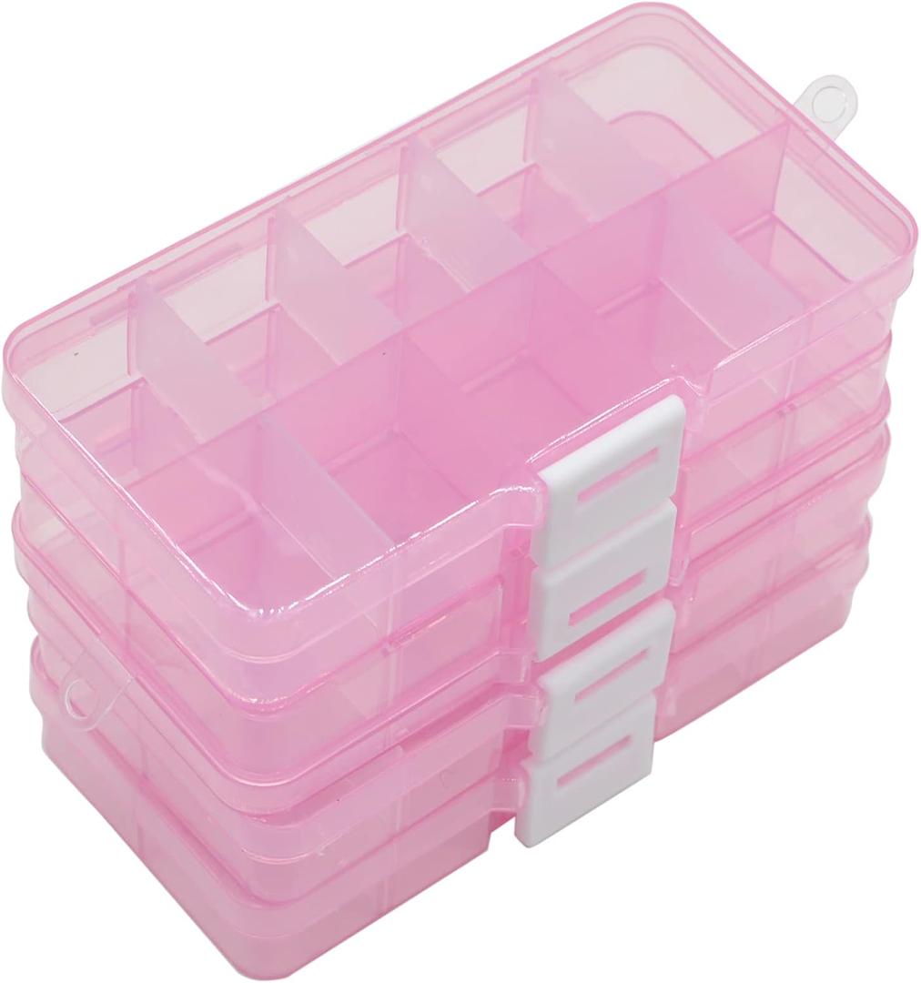 Yansanido 4 Pcs 10 Grids 5 Inch x 2.5 Inch Adjustable Small Removable Plastic Jewelry Organizer Divider Storage Box Jewelry Earring Tool Containers (Pink)