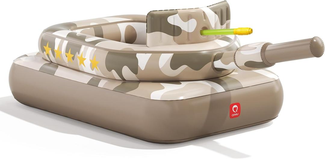 rtQPAU Inflatable Tank Pool Float for Adults & Kids Ride-On Camouflage Floaty with Water Cannon, Swim Raft Toy for Boys Girls, Lake Beach Backyard Party Floaties, Desert, Age 6+