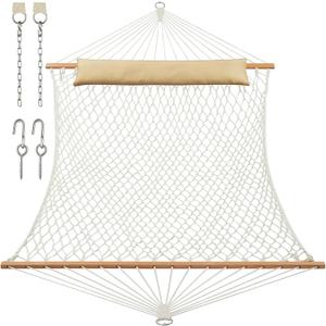 JoyView Traditional Rope Double Hammock - Hand Woven Cotton Hammock with Hardwood Spreader Bar and Pillow 450lb Capacity for Outdoor Indoor Patio Yard - Natural