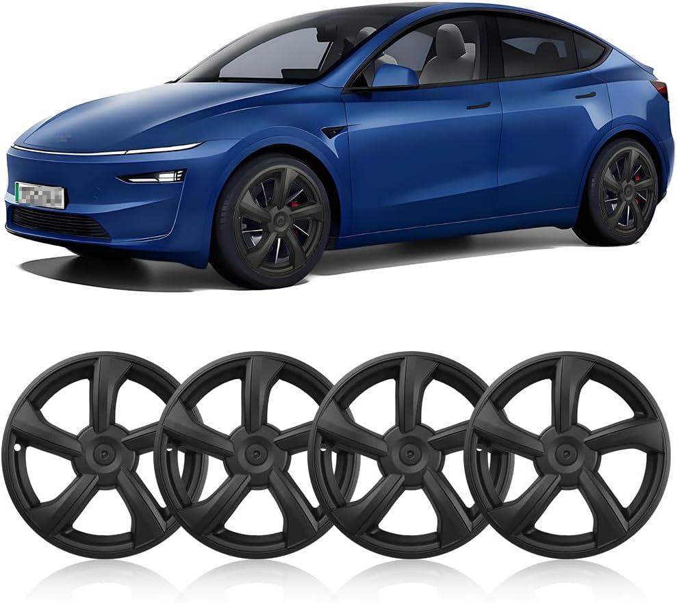 19 inch Wheel Cover Hubcap Compatible with TES-la Model Y 2025 2026 (Refreshed Juniper Only), [Black] [5-Spoke Sporty Style] Full Cover ABS Hubcaps Accessories, with Tape & Centre Caps, 4 PCS, for 2025-2026 Model Y Juniper