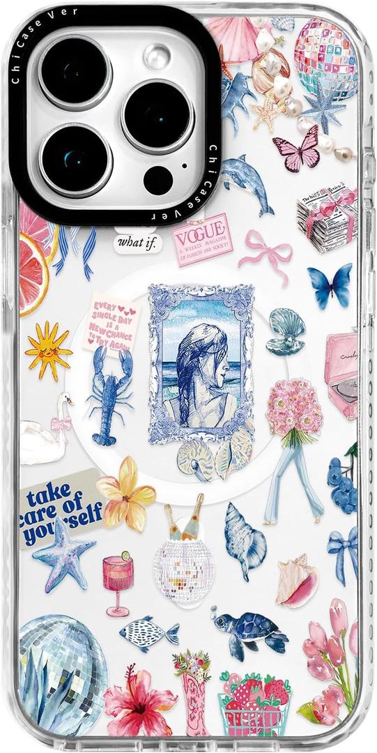 for iPhone 16 Plus Case, Coastal Floral Collage Pattern, Cute Soft Slim TPU Compatible with MagSafe, Military-Grade Drop Protection & Camera Protection for Women Girls (BlueSummerCut)