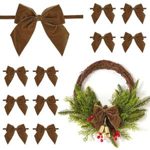 12 PCs Brown Velvet Ribbon Bow Decor 5'' Pre Tied Bows, Rustic Bow for Christmas Tree, Party Favor, Gift Wrapping, Premade Vintage Velvet Bows for Wreaths, Baskets, Bouquet, Treat Bag