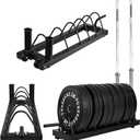 Fitvids Horizontal Plate and Olympic Bar Rack Organizer with Steel Frame and Transport Wheels, 5 Storage Spaces (Black)