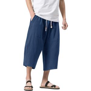 MAGNIVIT Men's Linen Cotton Capri Pants Loose Fit Elastic Waist Wide Leg Baggy Harem Pants (36, Blue Grey)