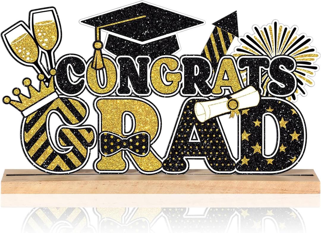 Roowest Metal Congrats Grad Tabletop Sign Black and Gold Graduation Table Decoration Centerpiece Class of 2026 Tiered Tray Decor with Wooden Base for Desk Shelf Mantel Party Student Teacher Gift