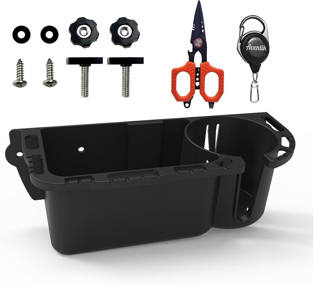 Boat Caddy Organizer, Multifunctional Boat Storage Organizer with Drainage, Drill or T-Bolt 2 Ways Installation for Marine, Kayak, Jon Boat, Bass Boat, Fishing Tool Holder (Black Boat Caddy 1PCS + Red Scissors 1PCS + Zinger Retractor Clip 1PCS)