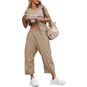 Fisoew Women's Summer 2 Piece Outfits Sleeveless Tank Tops and Wide Leg Pocketed Pants Workout Sweat Sets (S)