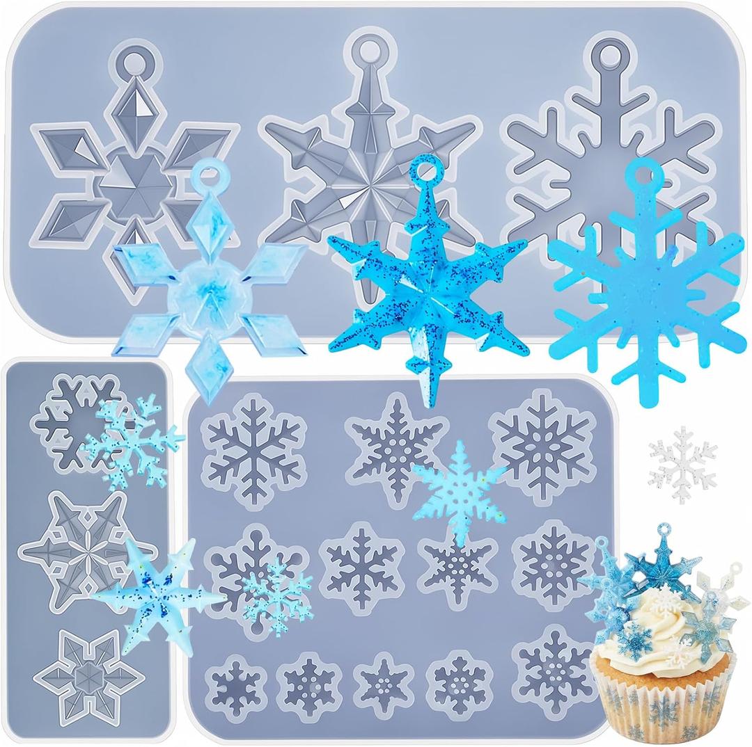 Patelai 3 Pcs Snowflake Resin Molds 17 Varying Sizes Snowflake Epoxy Resin Molds Silicone for Winter Fondant Chocolate Candle Jewelry Tree & Car Ice Crystal Decoration DIY Xmas Gift(Clear)
