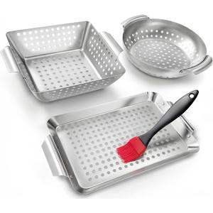 3 Piece Stainless Steel Grill Basket Set with Basting Brush, Heavy Duty Small Vegetable Grill Basket for Outdoor Grill - Perforated Compact BBQ Grill Pan & Wok Accessories for Gas, Charcoal, Veggies