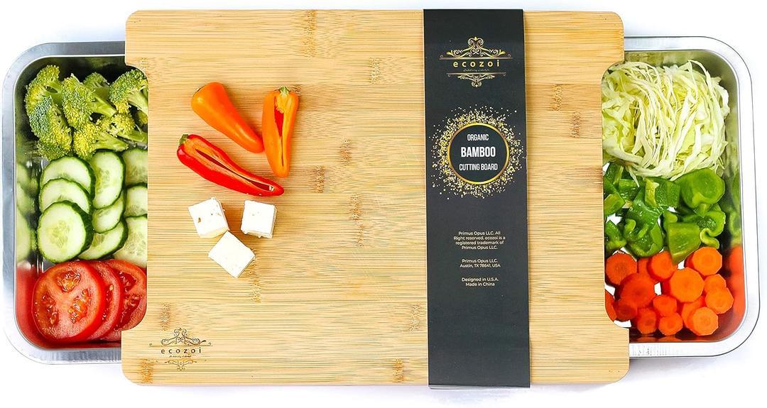 Bamboo Cutting Board by Ecozoi with 2 Slide Out Drawers. Keep Meal Prep Organized With Organic Bamboo Wooden Chopping Station. Non-Slip Butcher Block with Juice Groove for Easy Cleaning