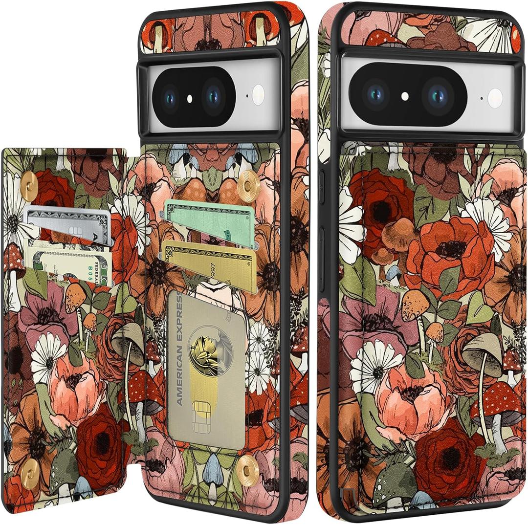 Shorogyt for Google Pixel 8 Wallet Case with Card Holder - Designer Flower Mushroom Pattern Kickstand Magnetic Clasp Back Flip Folio Leather Phone Cases for Women Men Girls for Google Pixel 8