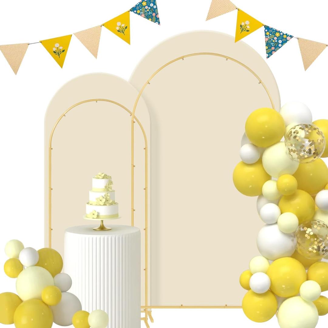 Gawicpy Wedding Arch Backdrop Stand Set Metal Arch Backdrop Stand with Wedding Arch Cover, Wedding Balloon Arch Backdrop Stand for Birthday, Baby Shower, Anniversary (Beige, 5.9FT+7.2FT)