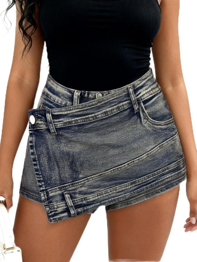 SOFIA'S CHOICE Women's Sexy Denim Skirt Skorts Summer High Waisted Asymmetrical Jean Mini Skirts Grey Blue Small (Blue, S)