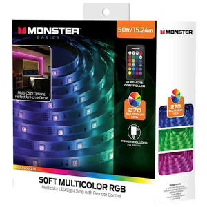 Monster 50 Foot RGB LED Light Strip with Remote Control, 270 RGB LEDs, Adhesive Backing, Coated for Moisture Protection, Dimmable, 24V Plug, 4 Modes Including Strobe, Flash, Fade & Smooth