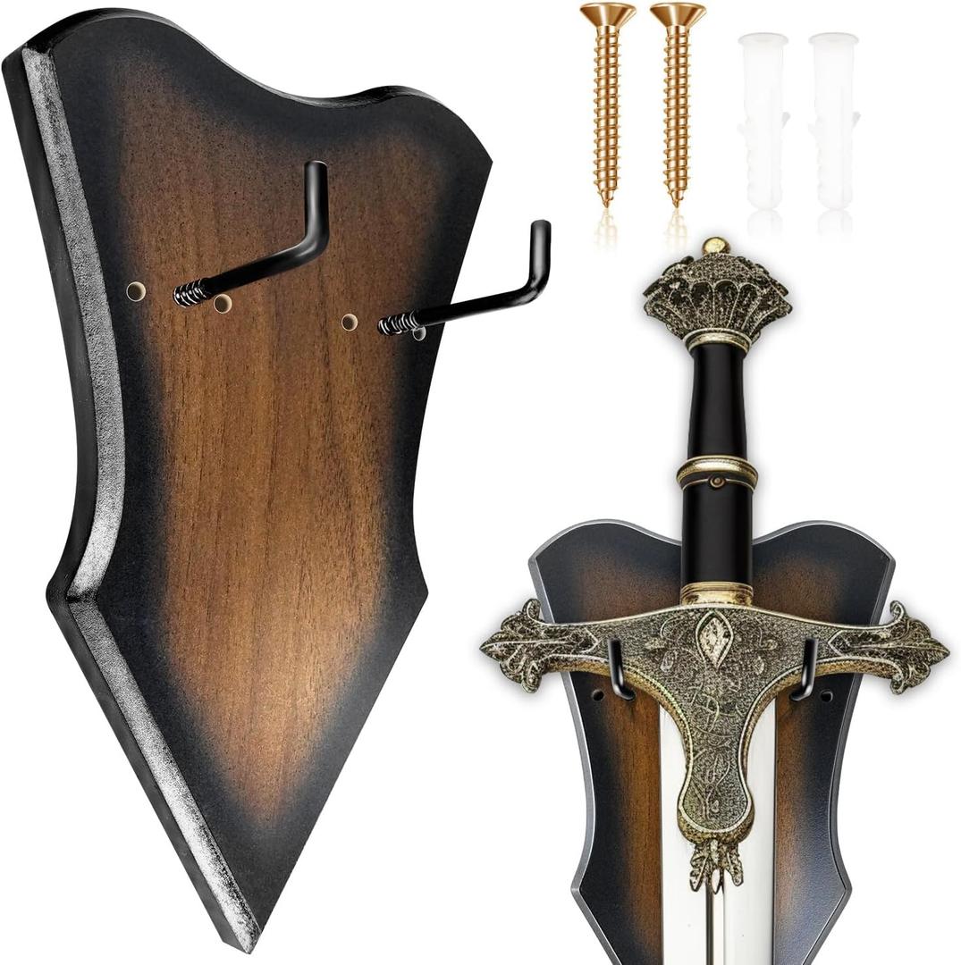 Sword Plaque Wall Mount Vertical Display Holder Adjustable Stand for Bow Medieval Dagger Axe (1pcs Medium Brown)
