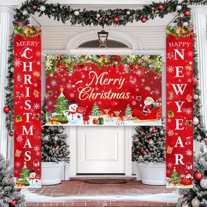 3PCS Merry Christmas Banner Decorations for Home Merry Christmas Door Porch Sign Decorations Banner for Inside Outside Red Xmas Party Decor Santa Snowman Wall Hanging Decor