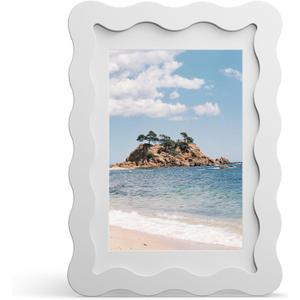 4x6 Picture Frame with Mat for 3.5x5, Wavy Edge Wooden Real Glass Photo Frame for Tabletop and Wall Hanging, White, 1 Pack