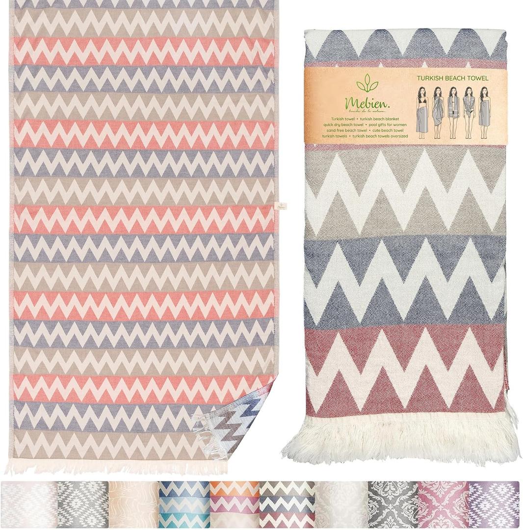 Turkish Beach Towel 35x67 100% Cotton, Quick Dry, Lightweight Oversized Beach Towel for Pool & Travel Zig Zag Navy Red Color