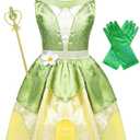 WonderBabe Little Girls Green Frog Princess Dress Kids Christmas Birthday Party Cosplay Outfits Gift with Accessories (3-4 T, Green Dress+crown+scepter+gloves)