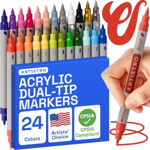 ARTISTRO 24 Dual Tip Acrylic Paint Markers - Art Painting Kit Easy for All Ages & Levels Acrylic Paint Pens for Fabric, Rocks, Paper, Wood, Canvas, Glass, DIY (Dual Tip Brush + Fine)