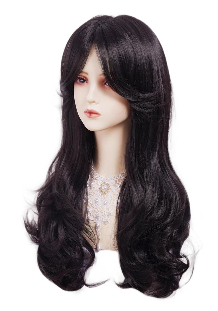 Black WIg for Women Long Wavy Wigs with Bangs Layered Synthetic Fluffy Wig Halloween,Costume,Cosplay,Daily Use