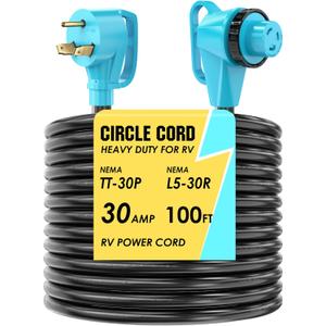 CircleCord 30 Amp 100 Feet RV Power Cord with 90 Right Angle Twist Locking, Heavy Duty 10 Gauge STW Pure Copper Wire with Grip Handle, TT-30P to L5-30R with Cord Organizer for RV Trailer Campers