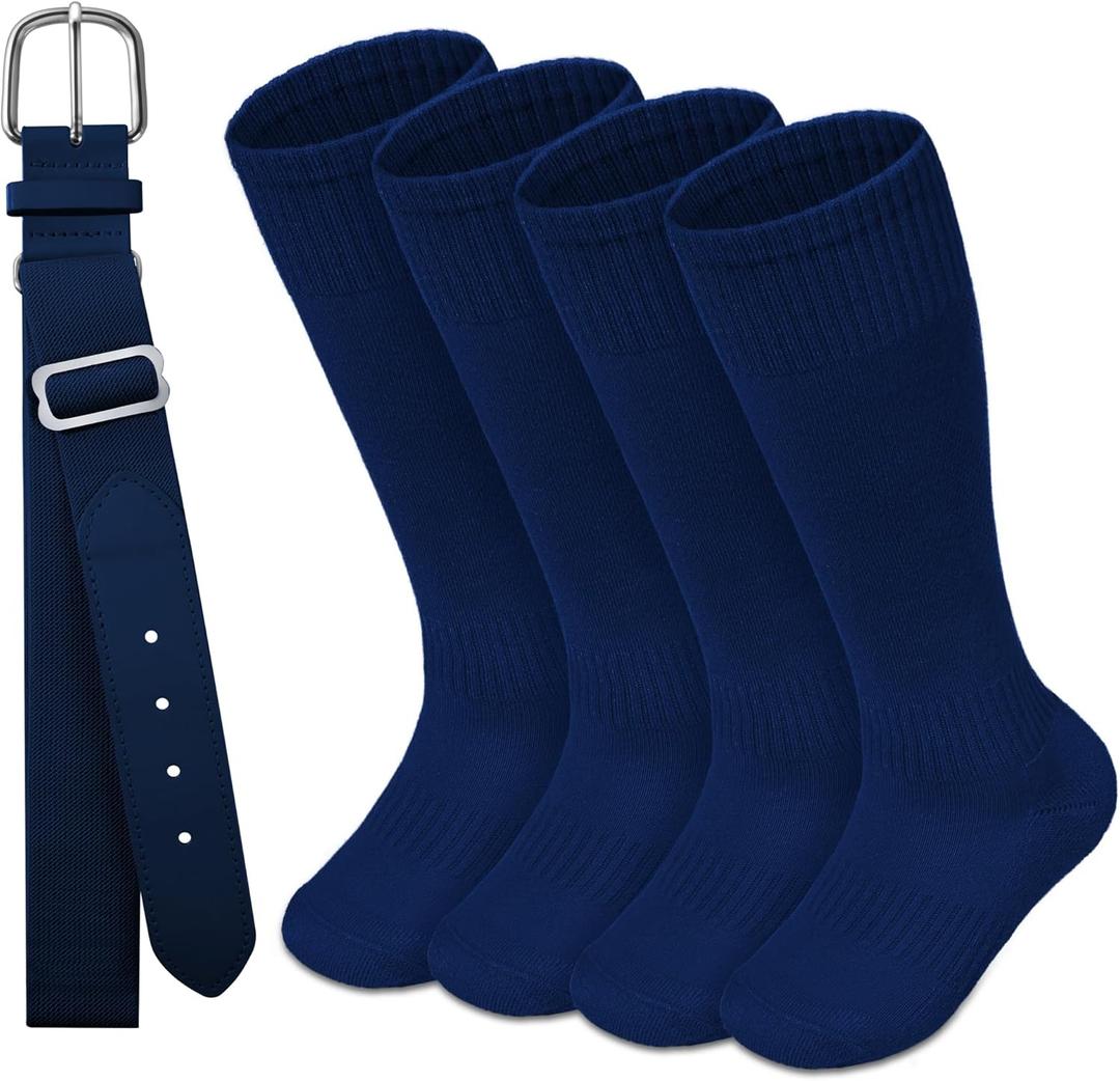 HONGTEYA Youth Baseball Socks and Belt Combo Set,Youth Softball Socks and Adjustable Baseball Belt for Boys Girls (8-12 Years, Navy)