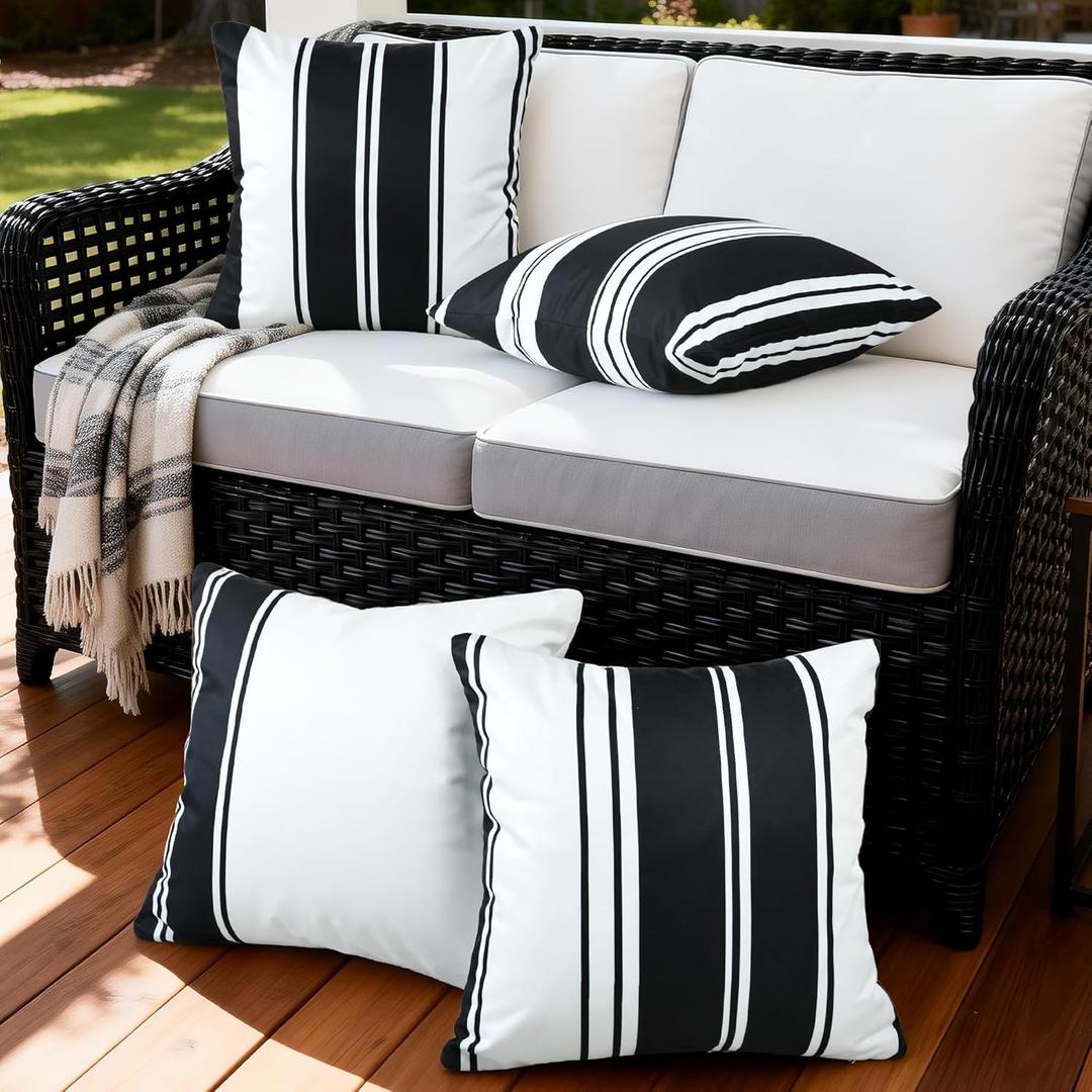4 Pack Outdoor Waterproof Throw Pillow Covers 18x18 Inch, Striped Black and White Decorative Pillow Cover, Modern Farmhouse Cushion Cases for Garden Patio Tent Balcony Bench Couch Sofa