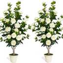 2 Pack Artificial Camellia Tree 43" Fake Tree with 36 Blooming Flowers; 3.6FT Faux Tall Camellia Plants in White Pot,Greenery Potted Plant for Indoor & Outdoor Home Office Porch Decor (White)