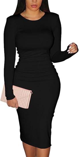 XXTAXN Women's Sexy Bodycon Long Sleeve Round Neck Work Office Midi Pencil Dress, S