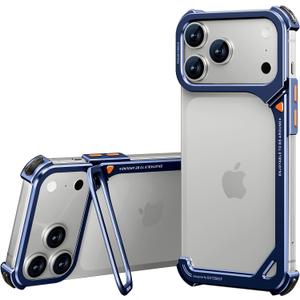 OATSBASF 9 Case for iPhone 17 Pro Max Bumper Case Metal, Aluminum Frame Slim Fit No Back Design, Compatible with MagSafe, Shockproof Protection, Minimalist Frameless Phone Case, Blue (Blue-Camera stand)