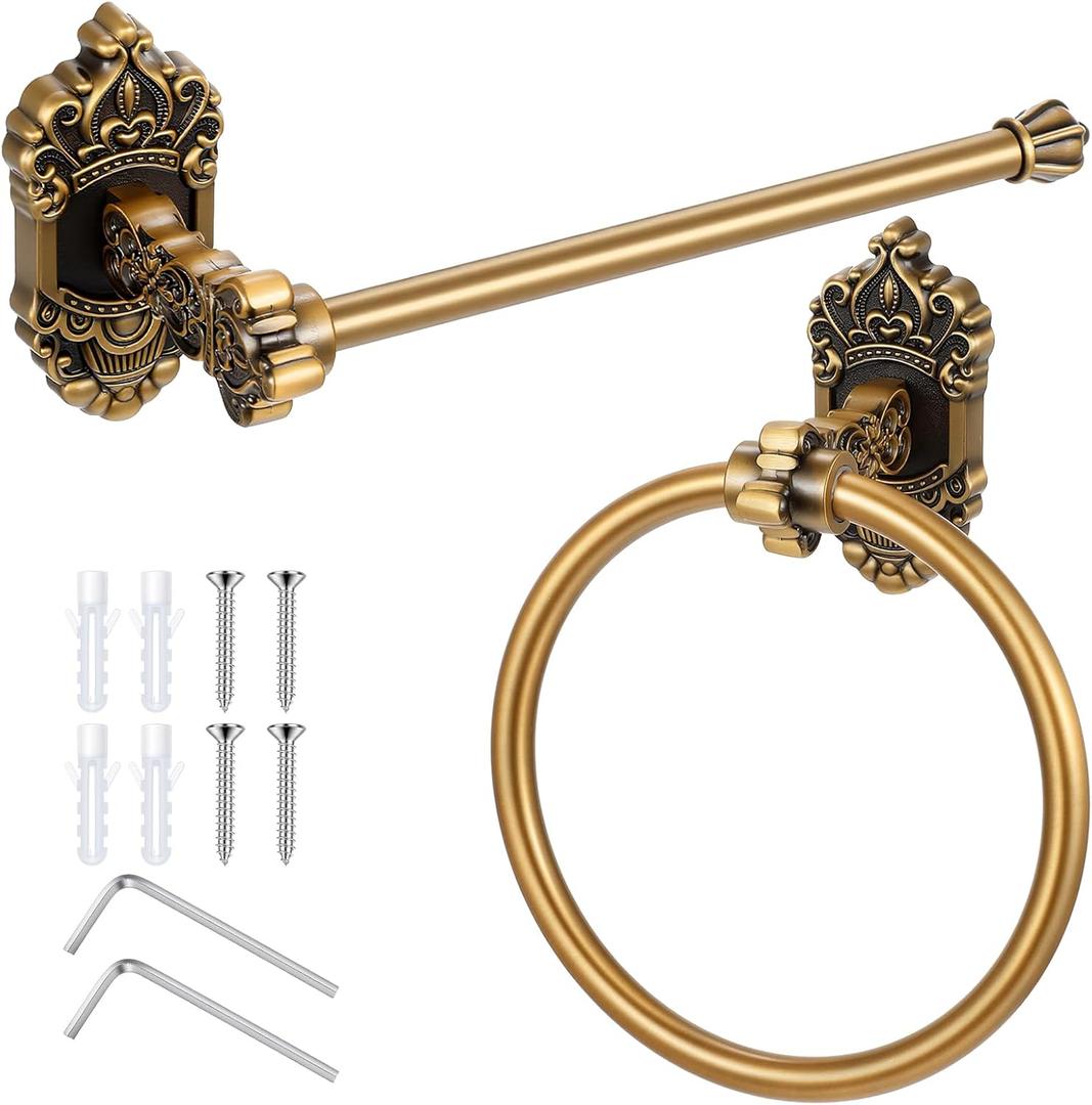 Antique Brass Towel Holder and Vintage Towel Ring Set, 2-Piece Wall Mounted Vintage Toilet Paper Holder with Round Ring for Bathroom, Kitchen, Laundry Room Rustic Hardware Accessories