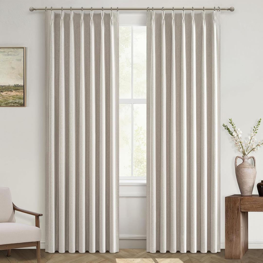 100% Blackout Thermal Curtains 84 Length 2 Panels Set for Bedroom, Linen Windows Pinch Pleated Drapes with Hooks for Track 7ft Modern Rustic Living Room Darkening Curtains 84 Inches Long Off White (Natural)