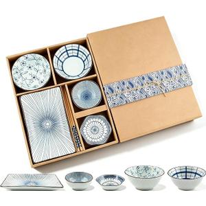 7 Pcs Japanese Style Ceramic Sushi Plate Set include 8.4 inch Rectangle Sushi Plates, 2 Sauce Bowls,2 Sauce Dish and 2 Pairs of Chopsticks for Dinner, Parties, Meat, Dessert, Dishwasher and Microwave Safe