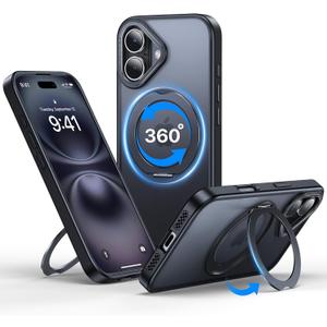 QTlier for iPhone 16 Case, 360 Rotatable Ring Stand, Raised Camera Frame, Shockproof Case Compatible with MagSafe, Case for iPhone 16, Translucent Black