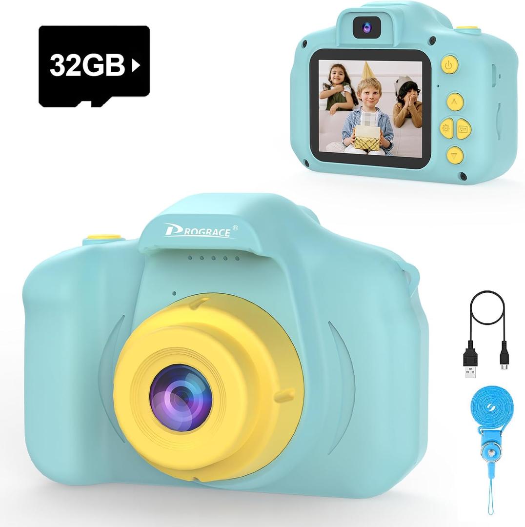 PROGRACE Kids Camera with 32GB SD Card, HD Digital Video Camera for Toddlers, IPS HD Screen, Birthday for Boys and Girls Ages 3-12  Blue