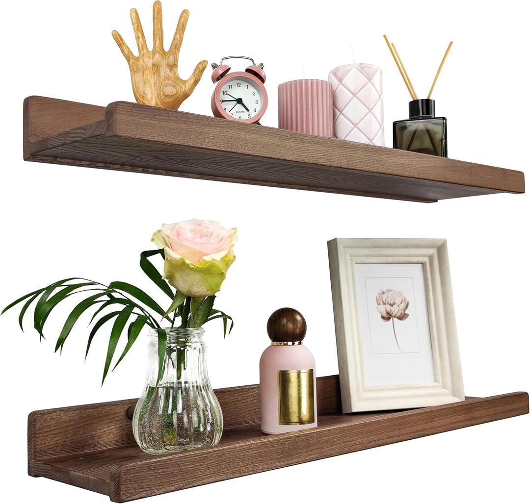 Floating Shelves for Wall 24 inch, Waterproof, Wall Storage Shelves with Lip, Display Picture Ledge Shelf for Photo Frame, Natural Wood Hanging Book Shelves (American Walnut, Set 2) (24in set 2)