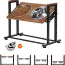 Adjustable Height Pet Feeder Stand with 2 Dishwasher-Safe Stainless Steel Bowls Brown Wood Top & Black Metal Frame Elevated Food/Water Station for Dogs/Cats Under 100LBS