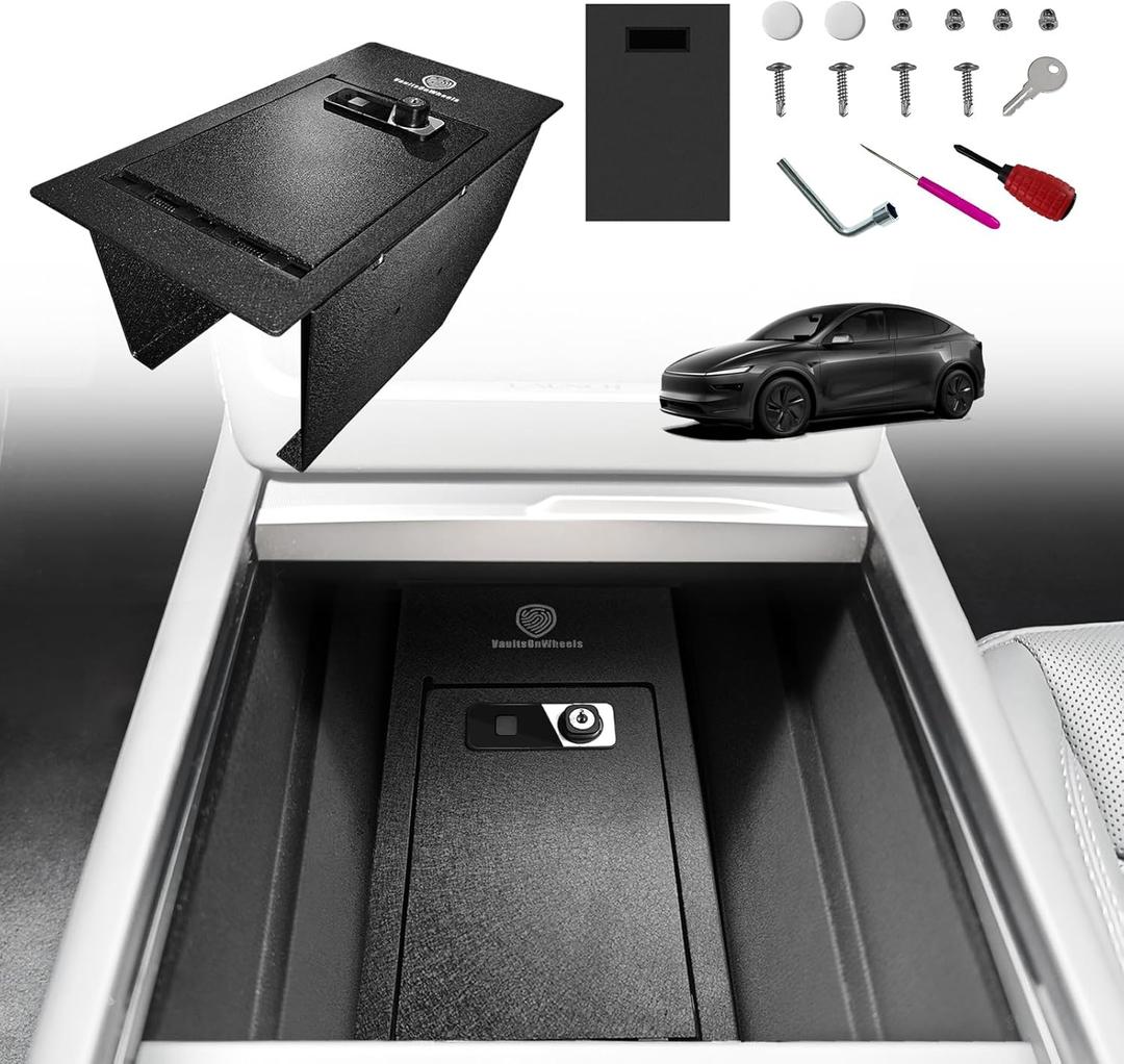 VaultsOnWheels for 2026+ Tesla New Model Y Juniper Center Console Safe Gun Safe Vault Hidden Console Storage Interior Vault LockBox Anti-Theft Biometric Fingerprint Lock (Not fit Standard Trim)
