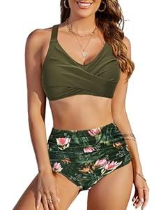 Uikue Womens High Waisted Bikini Sets Two Piece Swimsuit V Neck Twist Front Swimwear Tummy Control Full Coverage Bathing Suit(Green Floral, L)