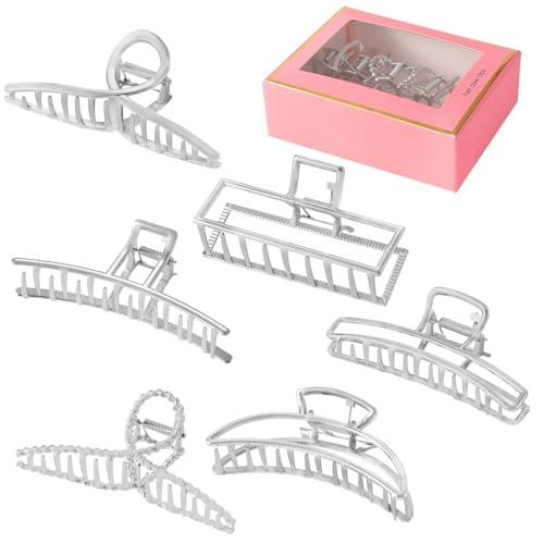LUKACY 6 Pack Large Metal Hair Claw Clips - 4 Inch, Perfect Big silver claw clips hair clips for Women and Thinner, Thick hair styling,Strong Hold, Fashion Hair Accessories (Style 1 Silver)