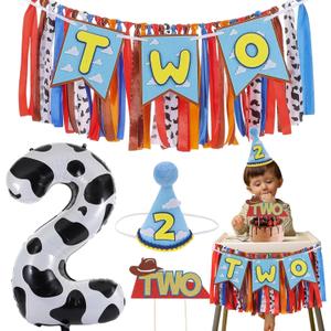 Cartoon Toy Highchair Banner for 2nd Birthday Party Decorations Two Infinity and Beyond High Chair Tassel Banner for Boys 2 Years Old Western Cowboy 2 Birthday Photo Props Backdrop Decorations