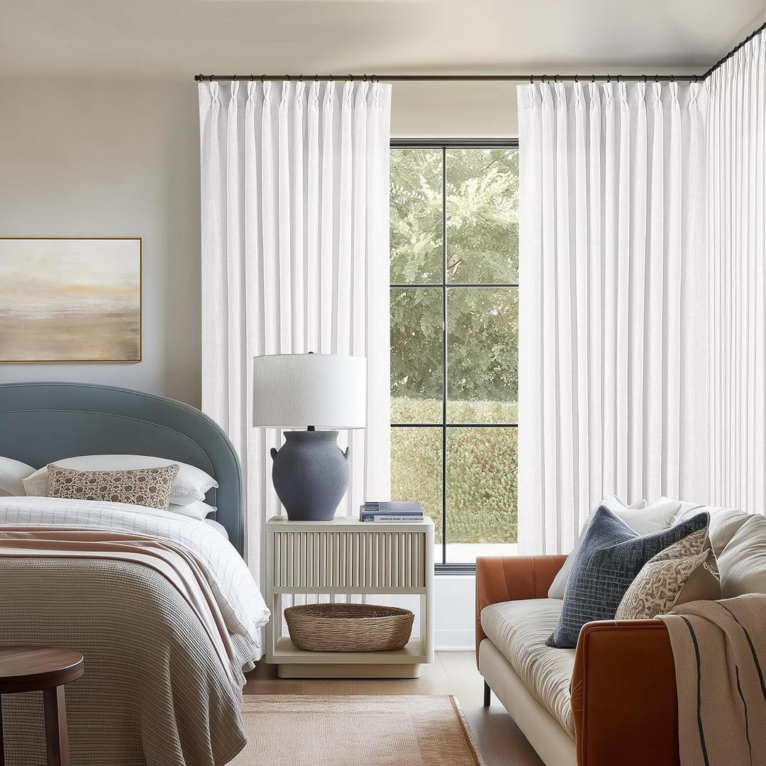 TWODRAPES Extra Wide 102 Inch Long Curtains 70 Inch Width Pinch Pleat Linen Curtains for Living Room BedroomLight Filtering Privacy Pleated Hooks Rings Back Tab for Sliding Door White 1 Panel