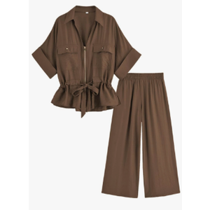 Mingzhu Women's 2 Piece Outfits Short Sleeve Zipper Drawstring Waist Safari Shirts Elastic Waist Wide Leg Pants With Pockets, Size Medium