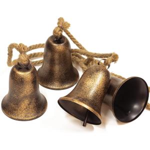 KI Store Triangular Christmas Bell Cluster 4pcs Hanging Metal Cow Bells on Jute Rope for Wreath Garland Christmas Fireplace Mantel Porch Towel Ladder Wall Decor 28-Inch