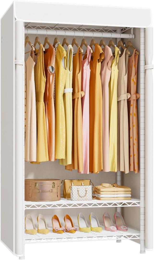 ULIFHOME H5C Clothes Rack with Cover, Portable Closet for Hanging Clothes, Covered Clothing Racks Heavy Duty, Garment Racks with Shelves, Max Load 360LBS, White Closet Rack with White Cover