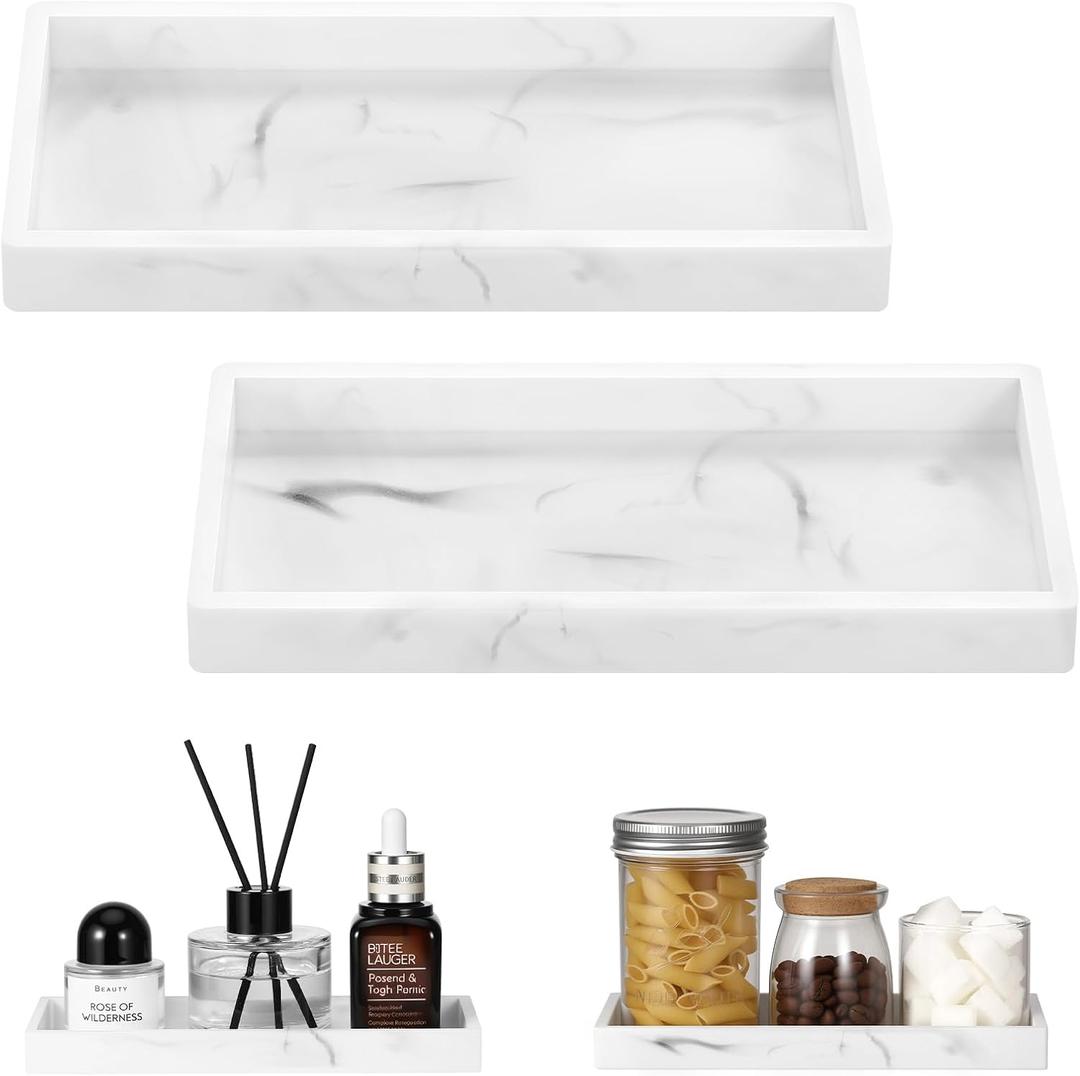 Luxspire Bathroom Vanity Tray - 2 Pack (7.9" x 4") Silicone Soap Dish for Kitchen Countertop, Bathroom Counter Tray for Soap Dispenser Perfume Jewelry Accessories, Marble White