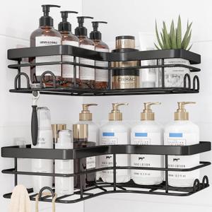 Corner Shower Caddy - 2 Pack, Adhesive Shower Organizers, Rustproof Stainless Steel Shower Shelves with 8 Hooks, No Drilling Bathroom Organizers and Storage Racks, Space-Saving, Black, X-Large