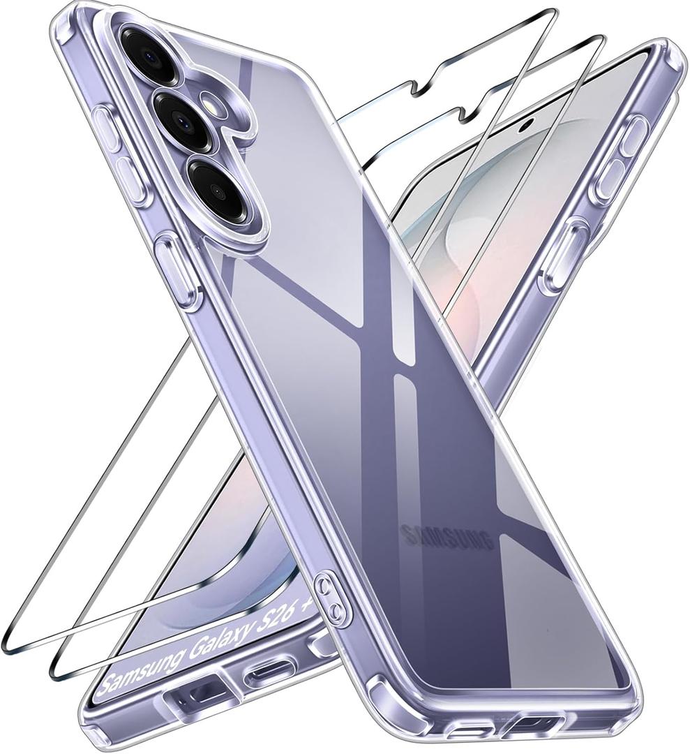 ivoler 3-in-1 Case for Samsung Galaxy S26 Plus 6.7 with 2 Pack Tempered Glass Screen Protector[Full Coverage], [Military Grade Protection] Slim Phone Bumper Cover Clear [Non-Yellowing]